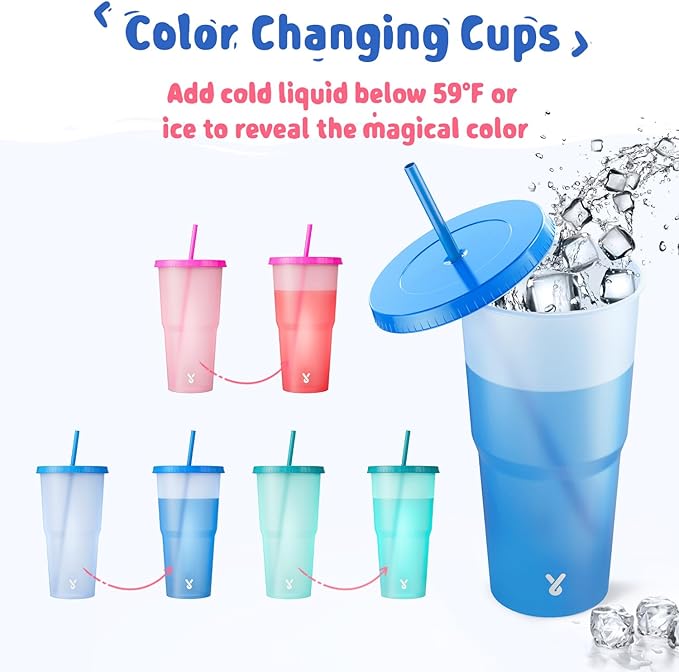 Meoky Plastic Cups with Lids and Straws - 3 Pack 40 oz Tumblers Bulk, Reusable Color Changing Cups for Party, Car, Women, Adults, Iced Coffee, BPA-free