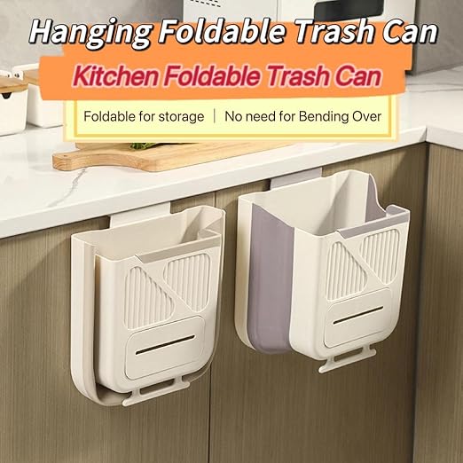 Hanging Trash Can for Kitchen Cabinet Door, 1.85 Gallon Kitchen Trash Can with Space-Saving Design, Collapsible Garbage Can for Kitchens,Cabinet Door, Bathroom, with Trash Bag Compartment - Cream