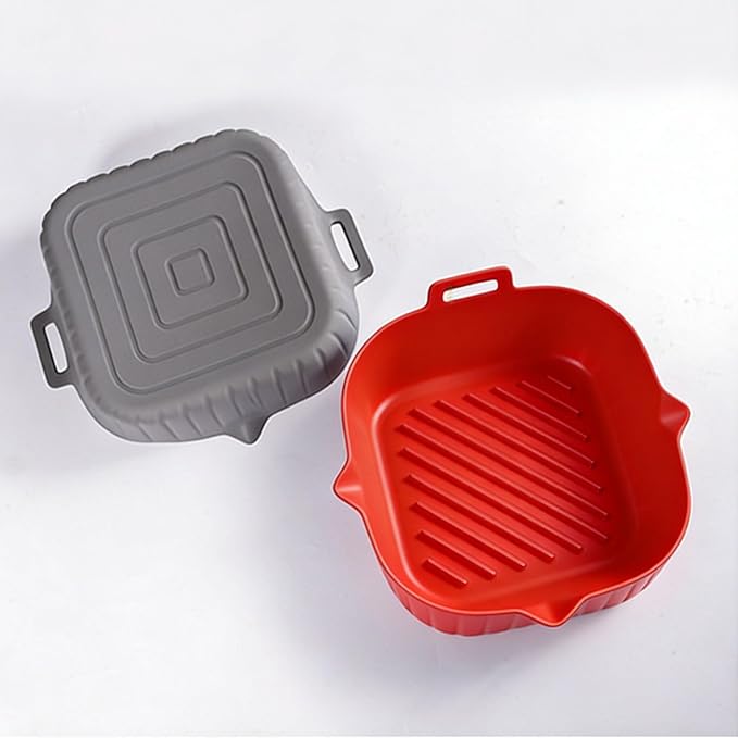 2 Pack Air Fryer Liners,8.2 Inch Silicone Airfryer Liners,Air Fryer Accessories,Reusable Baking Tray Oven Accessories,Replacement of Flammable Parchment Paper,Thickened(RED&GREY)
