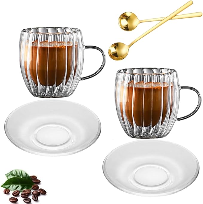 Double Wall Glass Coffee Mugs Set, Teacup with Saucer and Spoon Set of 2 Pack, 8.5oz/260ml for Cappuccino, Latte, Hot and Cold Drinks (Clear - Pumpkin Shaped - 2 Pack)