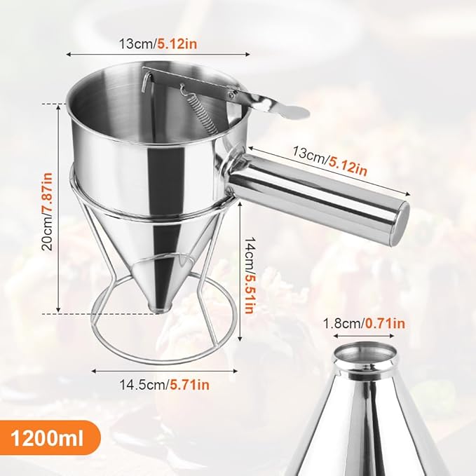 Pancake Batter Dispenser, Stainless Steel Funnel Cake Dispenser with with Squeeze Handle & Stand for Pancakes, Cupcakes, Takoyaki, Waffle and Baked Goods(SIZE:L,1200ml)