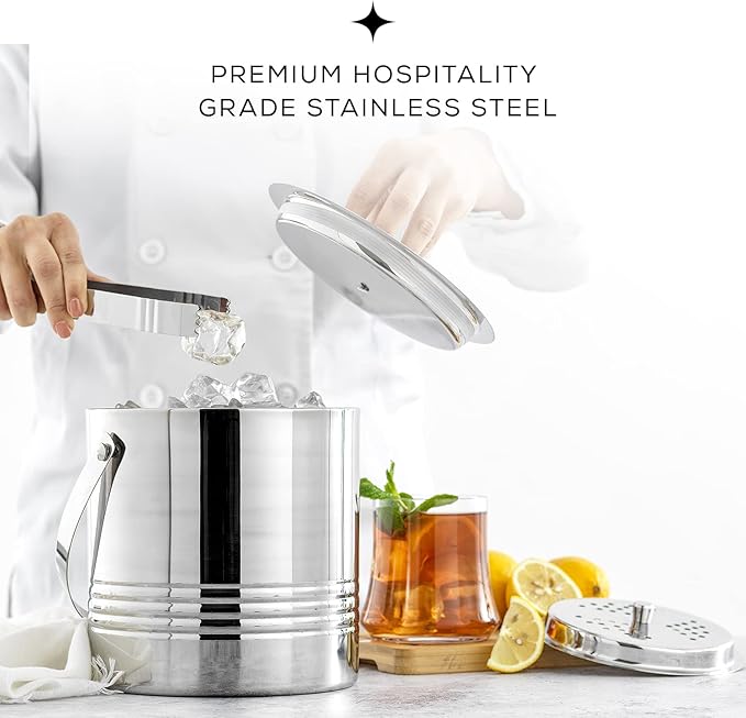 JoyJolt Metal Double Wall Ice Bucket with Lid, Ice Tongs and Strainer. 3L Insulated Ice Bucket for Cocktail Bar, Wine, Home Bar Accessories, Parties, Champagne Bucket. Stainless Steel Ice Buckets
