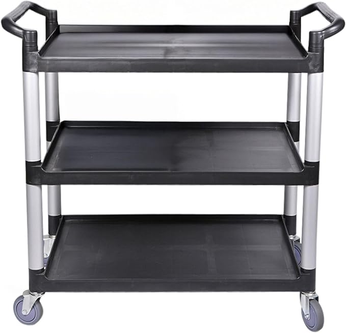 Restaurantware RW Clean 40.2 x 19.7 x 37.8 Inch Utility Cart 1 Rolling Cleaning Cart - Large 4 Shelves Black Plastic Rolling Cart Heavy-Duty For Organization Or Storage