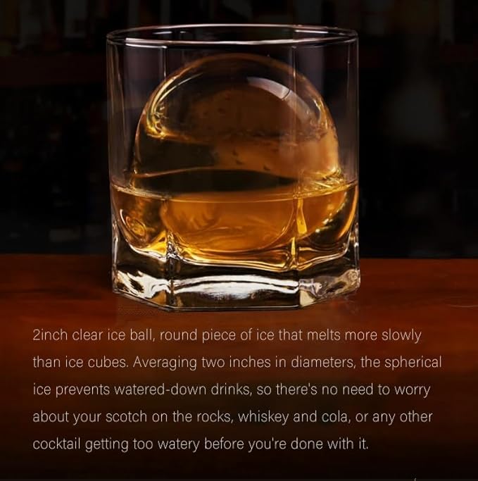 Higt-quality Sphere Crystal Ice Cube Tray for Whiskey Ice Cubes Mold, 2" Large Clear Ice Cuble Maker Durable & Reuable (2 Round)