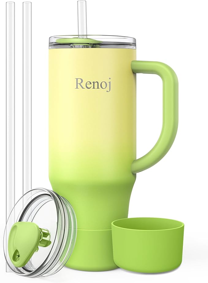 Renoj Insulated Mug 100% Spill Resistant Insulated Water Bottle for Iced Coffee & Hot Drinks - Fits Car Cup Holder, Ideal Gift, 2 Straws & Silicone Boot - FlexSlide Green Gradient 40 oz