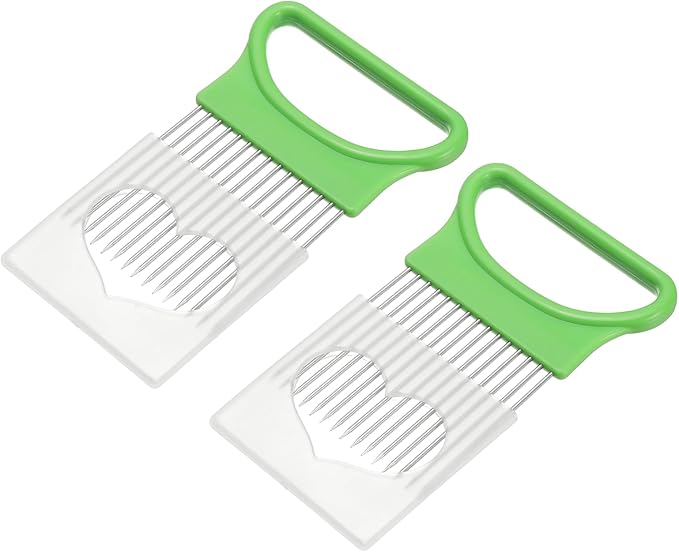 uxcell 2 Pcs Onion Slicer Holder, 4.3 x 3.1 Inch Stainless Steel Vegetable Cutting Holder Food Cutter Tool for Slicing Storing Onions Tomatoes Potatoes Avocados Apples, Green