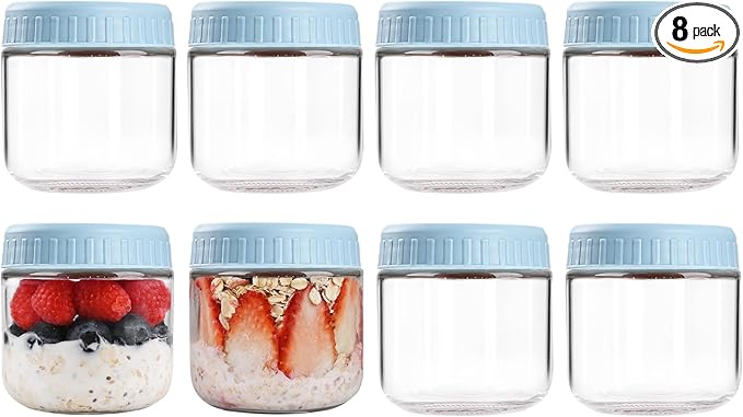 SHOWIN Overnight Oats Containers with Lids, 10oz Glass Jars with Lids 8 pcs, Light Blue, Wide Mouth Mason jars for Salad, Yogurt, Snacks, Meal Prep