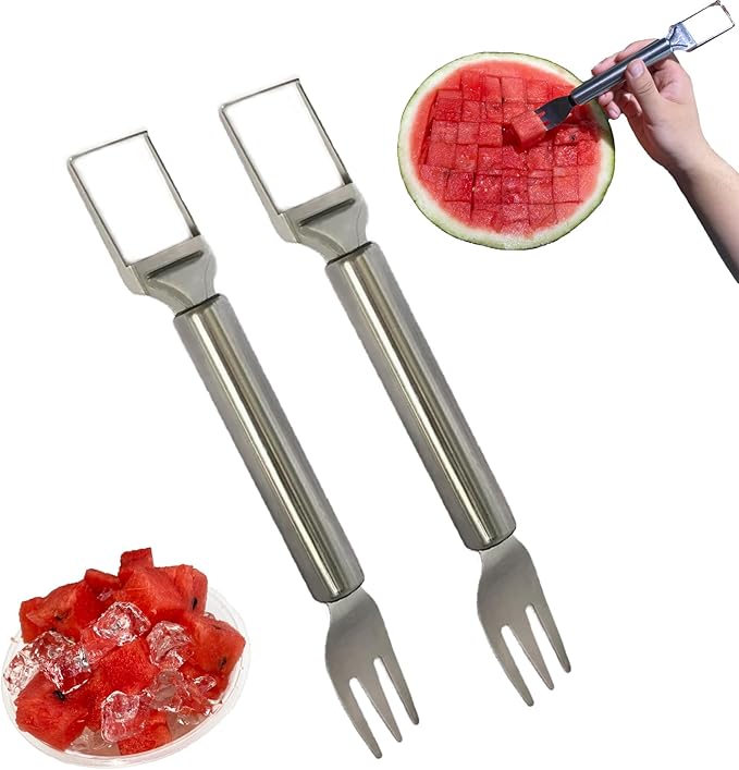 2 Pack 2-in-1 Stainless Steel Watermelon Fork Slicer, Handy Fruit Cutter Set for Family, Compact Kitchen Tool for Melon Cubes, Summer Party & Camping, Silver