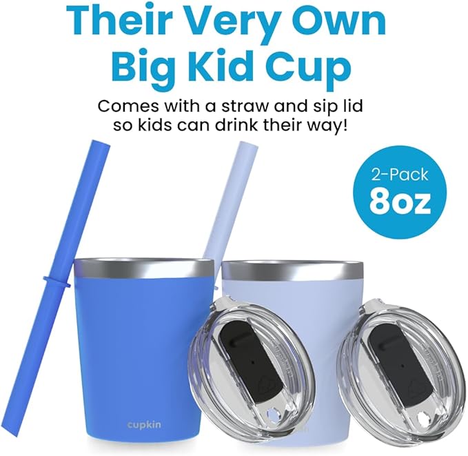 CUPKIN Kids Cup, The Original 8 oz Stackable Stainless Steel Kid Cups, Set of 2 Powder Coated Insulated Sippy Cup for 1+ Year Old Toddlers & BPA Free Lids & Reusable Silicone Straws (Blue + Gray)