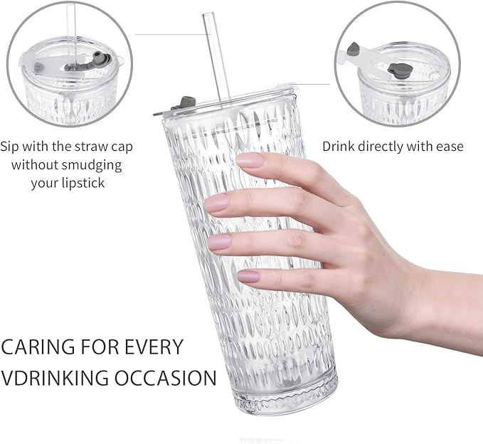 Puraville 2 Pack 18oz Glass Cups with Lids and Straws, Vintage Diamond Pattern Thickened Glassware for Whiskey Cocktail Beer, Mason Jar Drinking Glasses Tumbler Iced Coffee Cup, Clear