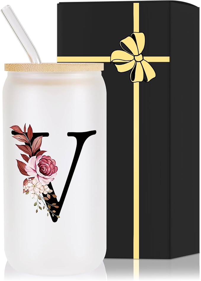 Wulcea Monogrammed Glass Drinking Cup With Lid Straw Women Men Teacher Christmas Math Biology Piano Future Mentor Speech Substitute Ballet Drama Guitar Yoga Montessori Physics Chemistry Band Gifts,V
