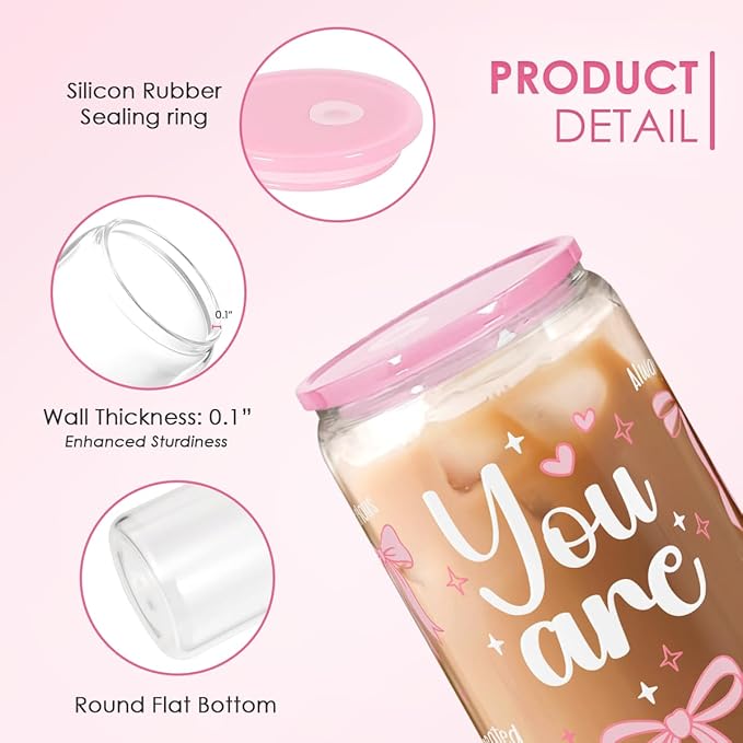 SANDJEST Christian 16oz Can Glass Tumbler with Acrylic Lid & Straw, Iced Coffee Cup for Women Girls, Aesthetic Cups Gifts for Birthday Christmas