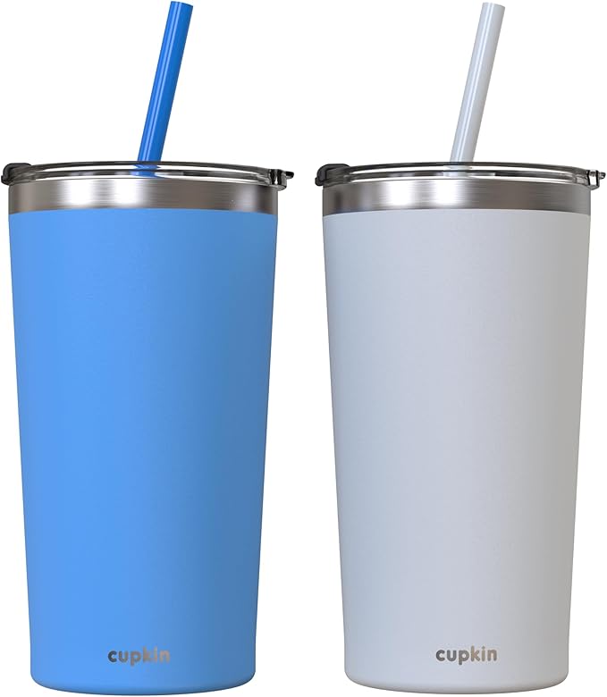 CUPKIN Stainless Steel Insulated Tumbler with Lid and Straw, 20 oz Stainless Steel Cups, Set of 2 Travel Coffee Mug for Adults, Iced Coffee Cup with Lid, Tumbler for Travel (Blue + Gray)