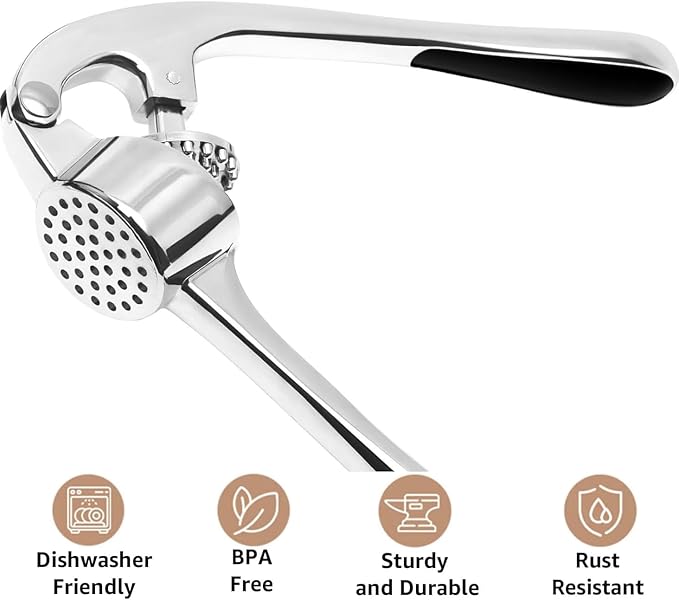 Garlic press for fine mincing, heavy-duty garlic press joystick, rust proof zinc alloy material, ergonomic handle, equipped with silicone peeler and cleaning brush, dishwasher washable, bright silver