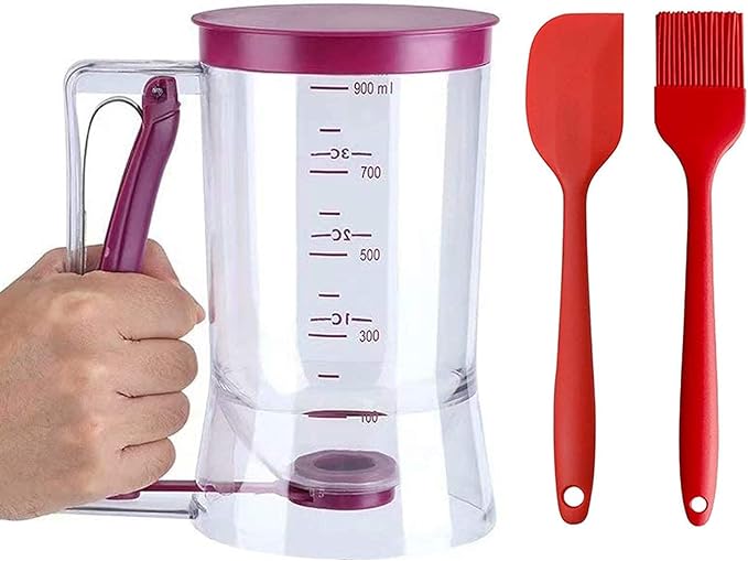 4 Cup Pancake Cupcake Batter Dispense, 900mL Pancake Dispenser For Batter With Measuring Label Squeeze Handle Bracket and Silicone food brush for Cupcakes Crepes, Cake or Any Baked Goods