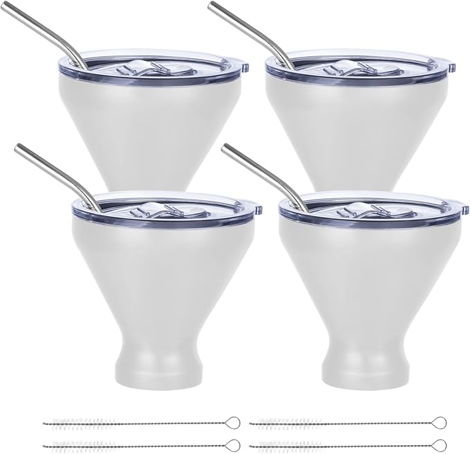 Stainless Steel Martini Glasses with Lids and Straws, Martini Glasses Set of 4, Perfect for Home Bar, Beach, and Picnics, Quality Double-Wal (White)