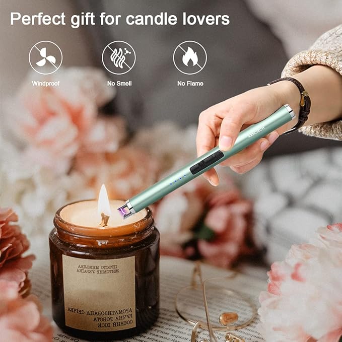 ARECTECH Rechargeable Electric Candle Lighter, Arc Plasma Windproof Lighter for Candle Kitchen Birthday, Christmas Stocking Stuffers Gifts for Mom Men Wife, with Type-C Cable, Green 2 Pack