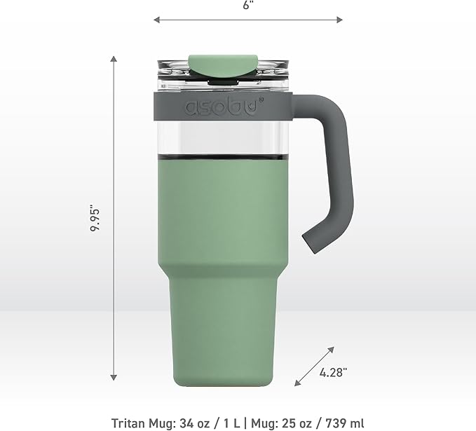 asobu Extra Large Travel Explorer Tumbler for Hot and Cold with Stainless Steel Removable Coffee Mug Sleeve - Straw and Flip Open Sip Spout, 34 oz / 25 oz (Basil Green)
