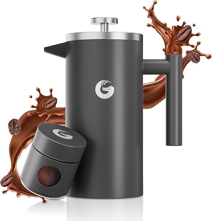 Coffee Gator 304 Grade Stainless Steel French Press Coffee Maker 34 oz, Double Wall Insulated Hot Cold Brew Teapot with 4-Level Filtration System, Include Travel Jar Canister, Kitchen, Gray