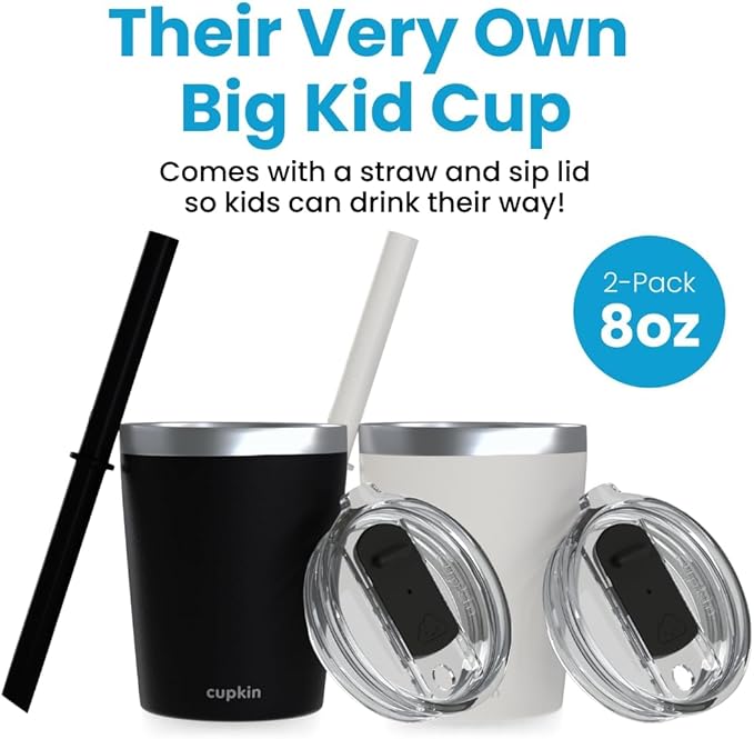 CUPKIN Trainer Sippy Cup, The Original 8 oz Stackable Stainless Steel Modern Tumblers, Set of 2 Powder Coated Insulated Cups for Kids + BPA Free Lids + Reusable Silicone Straws (8oz Black + White)