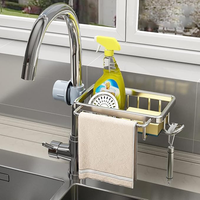 Faucet Sponge Holder Kitchen Sink Caddy Organizer - Over Faucet Hanging Drain Rack for Sink - Upgraded with Dishcloth Rack (Silver)
