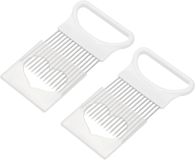 uxcell 2 Pcs Onion Slicer Holder, 4.3 x 3.1 Inch Stainless Steel Vegetable Cutting Holder Food Cutter Tool for Slicing Storing Onions Tomatoes Potatoes Avocados Apples, White