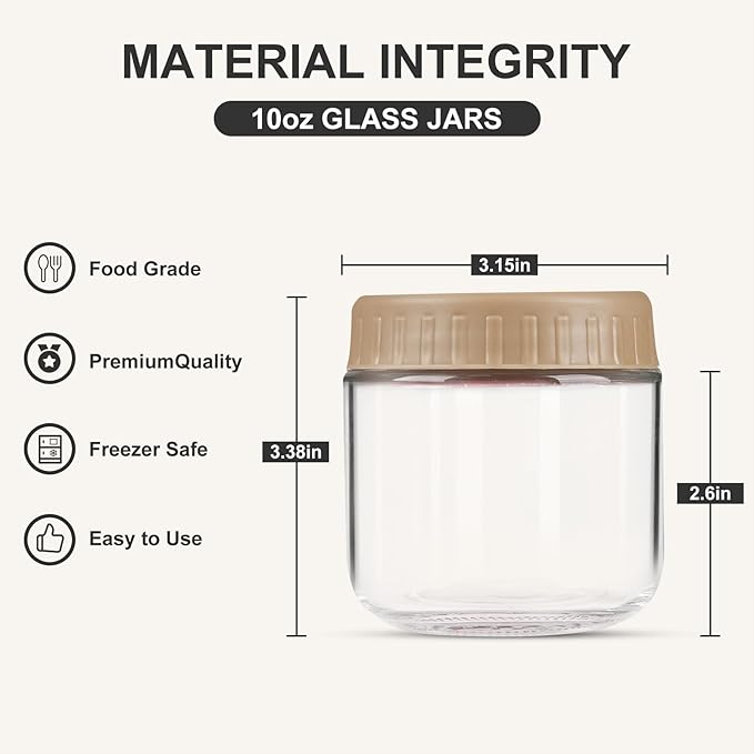 SHOWIN Overnight Oats Containers with Lids, 10oz Glass Jars with Lids 2 pcs, Taffy, Wide Mouth Mason jars for Salad, Yogurt, Snacks, Meal Prep