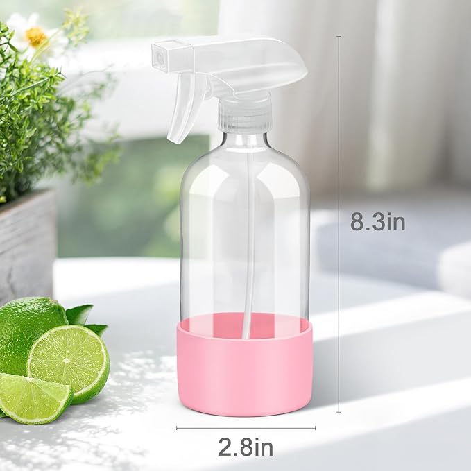 Rionisor Glass Spray Bottles with Silicone Sleeve Protection, Empty 16 oz Refillable Containers, Reusable Spray Bottles with Adjustable Nozzle for Hair, Cleaning Solutions, 1 Pack Pink