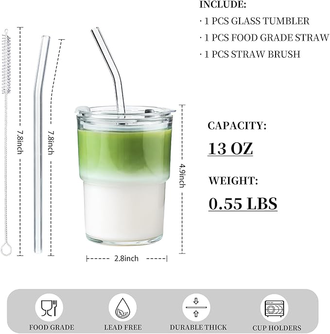 Olvini 13oz Glass Tumbler with Straw and Lid, Reusable Iced Coffee Cup Tumbler, Cute Glass Cups for Water, Matcha, Travel Coffee Mugs (Clear)