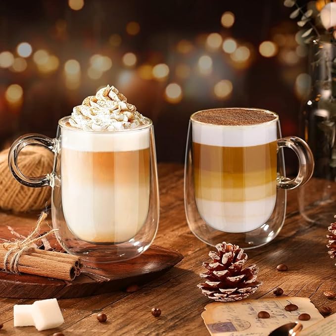 Glastal Double Walled Glass Coffee Mugs 12 oz, Cappuccino Cups Set of 2, Clear Glass with Handle, Insulated Borosilicate Double Wall Latte Coffee Mugs Milk Tea Cup, German Quality
