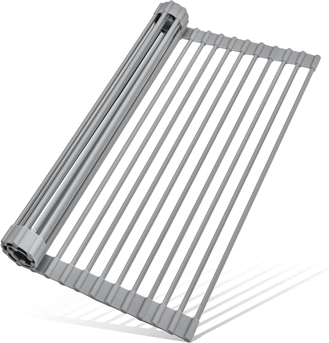 MERRYBOX Roll Up Dish Drying Rack, Over The Sink Dish Rack Foldable, Heat-Resistant, Anti-Slip Silicone Coated Steel Dish Drainer for Kitchen Sink, Multipurpose Roll Up Sink Drying Rack, 17.5" x 13"