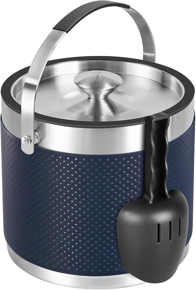 3Quart/3.2L Insulated Stainless Steel Ice Bucket with Lid, Scoop, Leather Design Double Wall Wine Bucket for Cocktail Bar, Parties (Dark Blue)