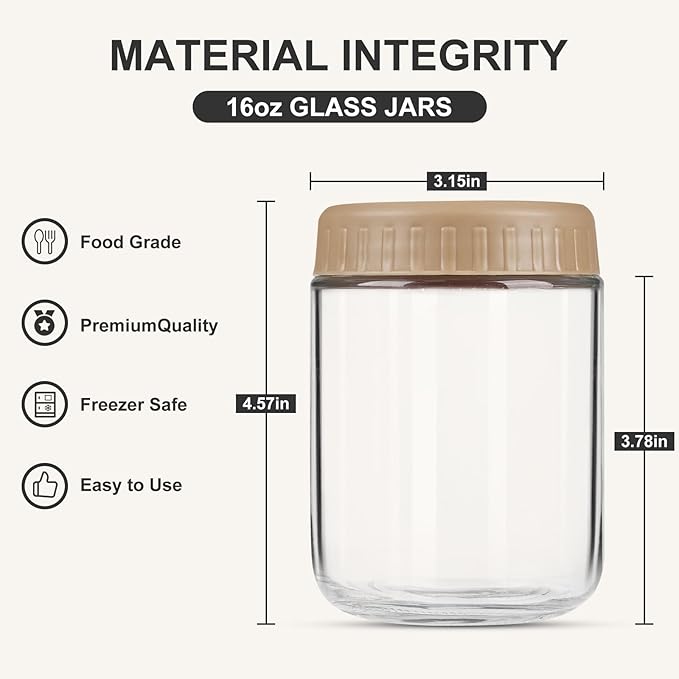 SHOWIN Overnight Oats Containers with Lids, 16oz Glass Jars with Lids 2 pcs, Taffy, Wide Mouth Mason jars for Salad, Yogurt, Snacks, Meal Prep