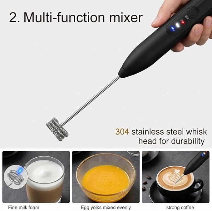 Milk Frother, Rechargeable Electric Foam Maker,Handheld Mixer with Stainless Steel Whisk, Portable Drink Mixer for Coffee Latte Cappuccino, Charging USB-C,Black