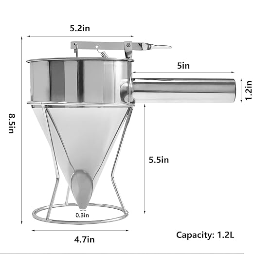 Stainless Steel Pancake Batter Dispenser, Funnel Dispenser with Stand, Kitchen Must Have Tool for Perfect Pancakes, Cupcake, Waffle, Muffin Mix, Cake & Crepe, Easy Pour Baking Supplies for Griddle
