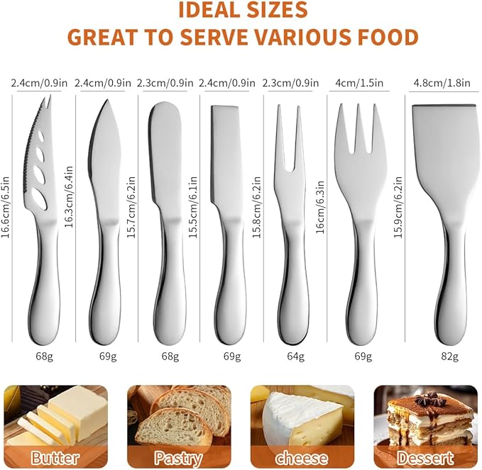 Cheese Knives Set Stainless Steel Silver 7 Pieces Kitchen Utensils Include Cheese Knife, Cheese Spreader, Cheese Forks, Cheese Slicer, Cheese Cutter, Butter Knives Server