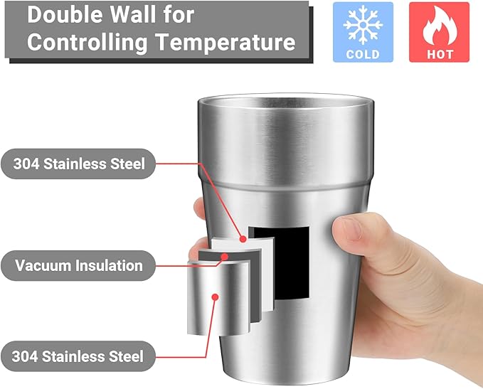 Double Wall Cup Stainless Steel, 16 oz Insulated Tumbler, 8 Pack Unbreakable Stackable Water Tumblers Insulated Metal Cup Premium Drinking Glasses for Travel Camping Home Outdoor