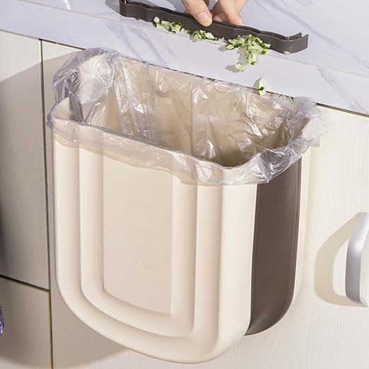 Hanging Trash Can, 9L Collapsible Plastic Waste Bin for Cabinet Door, Wall Mounted 2.4 Gallon Foldable Small Wastebasket for Kitchen, Bathroom, Bedroom (Khaki)