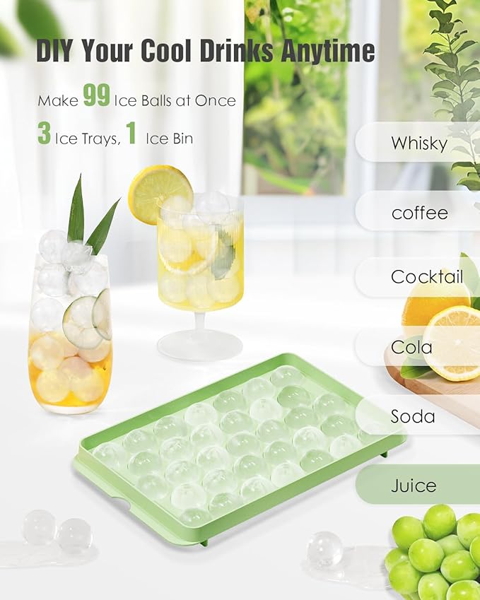3-Pack Small Circle Ice Cube Tray for Freezer with Lid and Bin, Makes 99 x 0.87" Mini Round Ice Balls (33 per Tray), BPA-Free Sphere Ice Trays for Juice, Cocktails, Whiskey, and Coffee Drinks