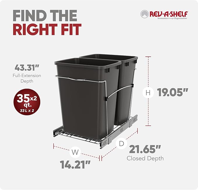 Rev-A-Shelf RV-18KD-13C-S Double Pullout Trash Can for Kitchen Cabinets 35 Quart Garbage Recycling Bin on Full Extension Slides, Gray