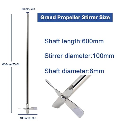 ONiLAB 18900478 316L Stainless Steel Grand Propeller Stirrer,100mm Stirrer Diameter, 8 mm Shaft Diameter, 600 mm Shaft Length