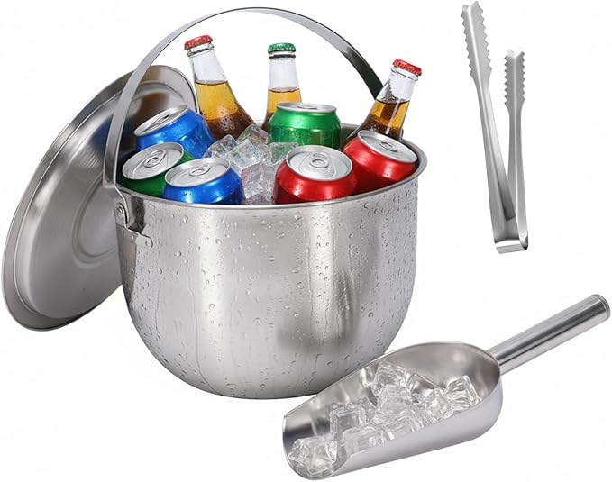Ice Bucket with Lid, Scoop and Tongs, Champagne Buckets, Wine Chillers, Beverage Tub with Handles, Ideal for Parties, Bar, Pool, Beach and Home, Indoor＆Outdoor Use, Large Capacity, Silver