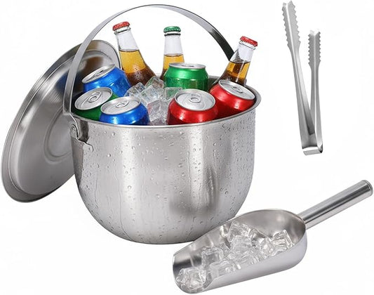 Ice Bucket with Lid, Scoop and Tongs, Champagne Buckets, Wine Chillers, Beverage Tub with Handles, Ideal for Parties, Bar, Pool, Beach and Home, Indoor＆Outdoor Use, Large Capacity, Silver