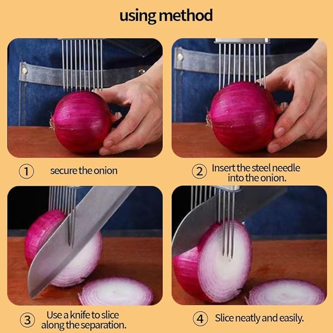 Onion Holder for Slicing, Stainless Steel Onion Slice Holder Lemon Slicer Vegetable Cutter, Multifunctional Chopper Assistant Kitchen Slicer Tool for Fruit, Meat, Tomato, Onion Slicing (2 Pack)