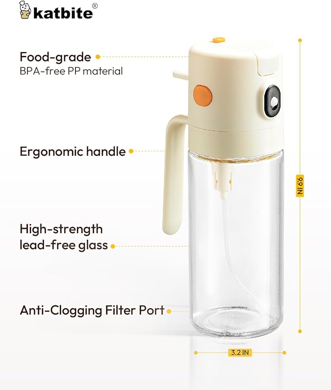 katbite 18.6 oz/550ml olive oil dispenser bottle for Cooking, 2 in 1 glass oil bottle and oil sprayer Non-Drip Leak-Proof Design, Fine Mist(0.5g/Spray) for Air Fryer, Salad, Cream White