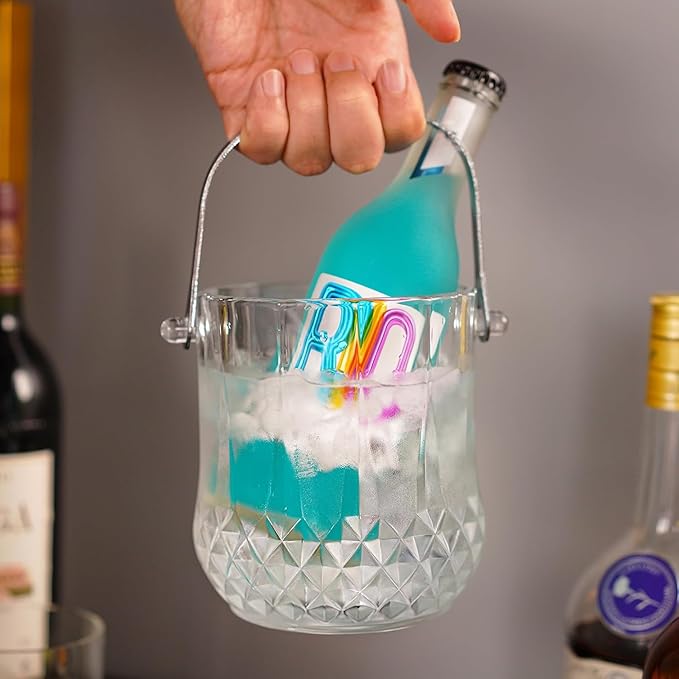 Glass Ice Bucket with Handle and Ice Tong Holds 37oz of Ice Clear Crystal Ice Buckets for Cocktail Bar Wine Home Bar Accessories Parties Clear Champagne Bucket