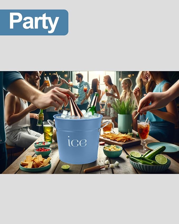 3Qt Blue Galvanized Ice Bucket with Lid, Scoop & Handles - Ideal for Cocktails, Parties, BBQs, Wine & Champagne Double-Layer Insulated Outer & Galvanized Inner Layer, Perfect for Home & Outdoor Use