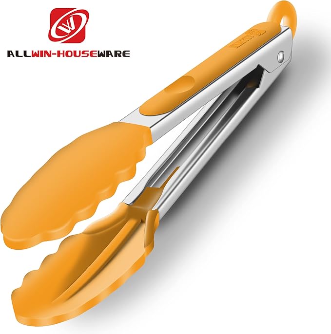2 Pack Silicone Kitchen Tongs – 9" & 12" Set, Heat Resistant up to 500°F, Non‑Stick Cookware Safe, Wavy Silicone Tips, BPA Free, Locking Clip & Hanging Loop, Orange