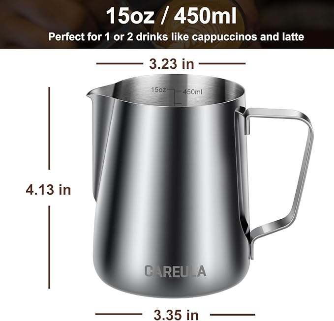 Milk Frothing Pitcher, 15oz Stainless Steel Milk Frother Cup Steaming Pitcher, Coffee Bar Cappuccino Espresso Machine Accessories Barista Tools, Metal Pitcher Milk Jug with Decorating Latte Art Pen