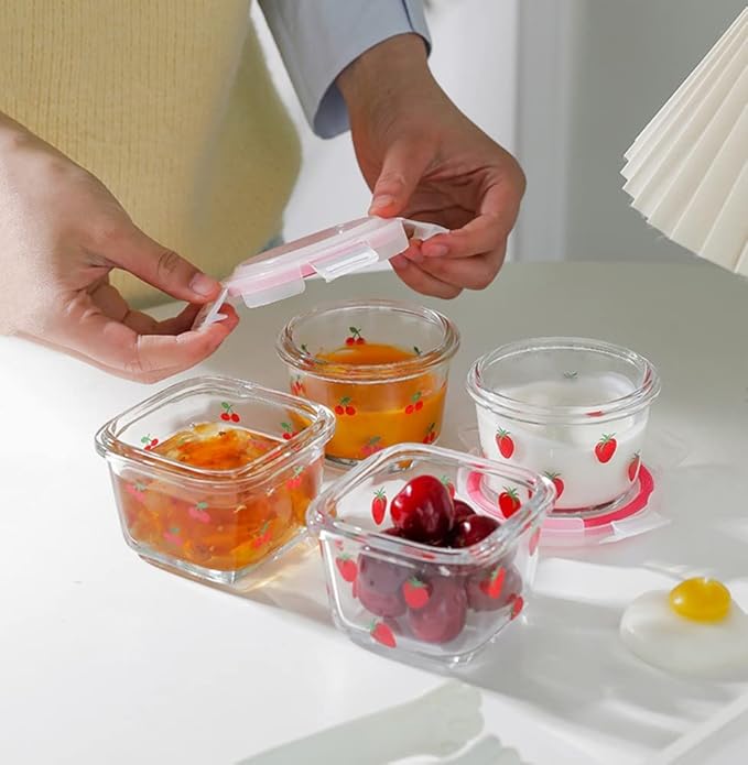 Ivymei 2 Pack Mini Glass Containers with lids,Small Cherry Food Storage Contaiers Glass Food Jars for Food Portion,Fruit,Dipping Sauce,Snack,Yogurt,Leakproof,Microwave Freezer Safe